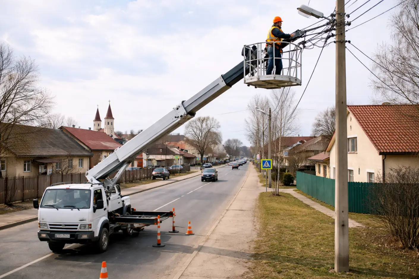 Высотные электромонтажные работы автовышкой в Лиде