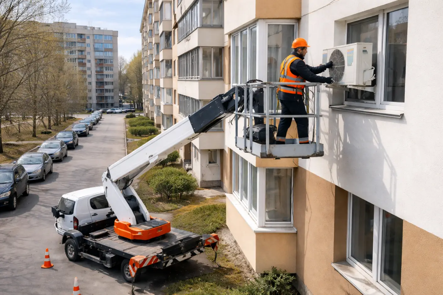 Монтаж кондиционера с автовышки на фасаде